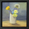Small square oil painting in a black, floating frame, depicting a Dandelion flower and a Dandelion Clock, with a Cowslip, Grape Hyacinth and Forget-Me-Nots in a little clay pot with a bluish background and an ochrey foreground. Shows the black floating frame with a small gap between frame and painting.