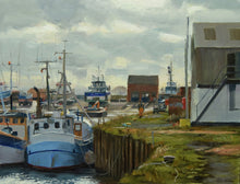 Load image into Gallery viewer, 9 x 12 inch oil painting, painted en plein air at Grimsby Docks, with various boats in the middle distance, the edge of a building on the right, a lively, cloudy sky, and two fishing boats in the foreground and a figure with orange high viz overall on, walking away from us.

