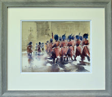 Load image into Gallery viewer, Watercolour of the changing of the guards with hazy background by Trevor Lingard with double-mount and grey frame
