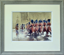 Load image into Gallery viewer, Watercolour of the changing of the guards with hazy background by Trevor Lingard with double-mount and grey frame