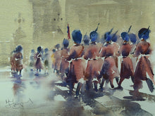 Load image into Gallery viewer, Watercolour of the changing of the guards with hazy background and guardsmen in red uniforms and bearskins by Trevor Lingard
