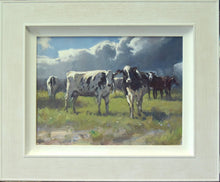 Load image into Gallery viewer, A 12 x 16 inch acrylic painting by Carl Knibb, showing several Friesian Cattle with enquiring minds, very interested in you, the viewer! Beautiful big, Cumulus clouds behind them. Shows whitewashed frame.
