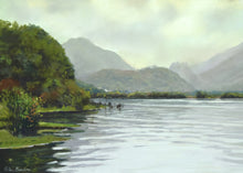 Load image into Gallery viewer, Pastel Painting by Peter Barker in pastel with hazy mountains in the distance reflected in the water and a bank of trees on the left-hand side.
