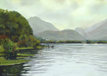 Load image into Gallery viewer, Pastel Painting by Peter Barker in pastel with hazy mountains in the distance reflected in the water and a bank of trees on the left-hand side.