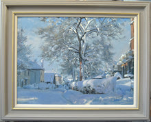 Load image into Gallery viewer, Oil by David Curtis in Misson, after a heavy snowfall showing hand-finished warm grey frame with lighter-coloured slip
