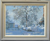 Oil by David Curtis in Misson, after a heavy snowfall showing hand-finished warm grey frame with lighter-coloured slip