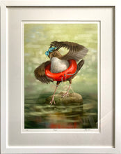 Load image into Gallery viewer, Digital painting of a Dipper, wearing swimming goggles and a red rubber ring around its waist, about to dip into the water, set it a white mounted frame