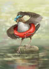 Load image into Gallery viewer, Digital painting of a Dipper, wearing swimming goggles and a red rubber ring around its midriff, about to dip into the water.