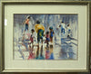 Children playing in a fountain by Trevor Lingard with a mount and bronzish frame and matching thin inner slip