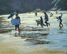 Load image into Gallery viewer, Medium sized oil painting of adults and children in the surf with their surfboards, looking straight into the sun

