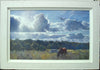 Magnificent 20 x 31.5 inch acrylic painting of two horses grazing in a Summer meadow, with trees in the middle distance and a beautifully rendered, sunny sky with big cumulus clouds and sunlight beaming through them, showing pale whitewashed frame