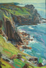 portrait-shaped oil painting of rocky headland at Sennen, painted with thick, expressive brushstrokes of impasto oil paint