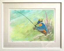 Load image into Gallery viewer, Digital painting of a Kingfisher wearing a gold crown, holding a fishing rod, framed with a white frame moulding and white mount with glass