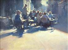 Load image into Gallery viewer, 9 x 12 inch acrylic painting by Carl Knibb, depicting lots of people outside a street cafe, sitting on tables, enjoying a chat over lunch, again looking into the sunlight, with strong, blue shadows cast on the pavement around them.
