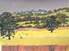 Mixed medium painting by Keith Hensby of Lyndon Rutland showing corn field and landscape backdrop.