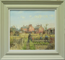 Load image into Gallery viewer, Allotment oil painting by John Lines, houses behind, showing stone coloured frame with white inner slip.
