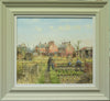 Allotment oil painting by John Lines, houses behind, showing stone coloured frame with white inner slip.