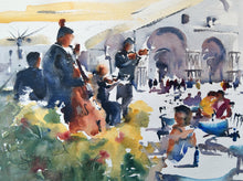 Load image into Gallery viewer, Watercolour by Trevor Lingard of colourful bustling cafe scene with orchestra in a European sqaure.
