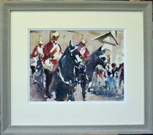 Load image into Gallery viewer, Watercolour painting by Trevor Lingard of guards on horseback with grey frame and double mount and non-reflective glass