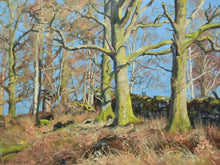 Load image into Gallery viewer, Oil painting of sunlit bare Winter trees on an upward slope set against a clear blue sky, by Peter Barker