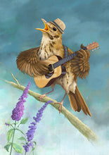 Load image into Gallery viewer, Digital painting of Song Thrush playing a guitar, trilby hat perched on its head, in full voice sitting on a tree branch.