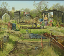 Load image into Gallery viewer, Allotment oil painting by John Lines, with various sheds and rustic couple sowing new potatoes
