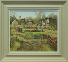 Load image into Gallery viewer, Allotment painting in its hand-painted stone-coloured frame and white inner slip.
