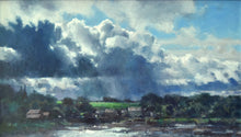 Load image into Gallery viewer, 15 x 26 acrylic painting by Carl Knibb, with, as the title suggests, a really dramatic sky , with big storm clouds above the Northumberland village of Cresswell, with sunlit roofs of some cottages and dark, silhouetted trees - a stunning painting!
