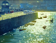 Load image into Gallery viewer, Strong sunlight reflecting in St.Ives right of the dark harbour wall, painted with slabs of white oil paint over green underpaint
