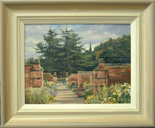 Load image into Gallery viewer, A 9 x 12 inch oil painting of the Kitchen Garden at Clumber Park, looking straight up the avenue with symmetrical brick walls left and right, with an abundance of cottage garden flowers and fir trees in the distance, showing hand-finished scooped-frame with gradated soft grey/beige/cream frame.
