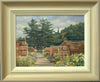 A 9 x 12 inch oil painting of the Kitchen Garden at Clumber Park, looking straight up the avenue with symmetrical brick walls left and right, with an abundance of cottage garden flowers and fir trees in the distance, showing hand-finished scooped-frame with gradated soft grey/beige/cream frame.