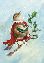 Load image into Gallery viewer, Digitally painting depicting a Warbler singing, holding a hymn book between its wings dressed in a red cloak and white ruff, perched on a Holly branch