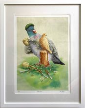 Load image into Gallery viewer, Wood Pigeon carving another Pigeon, showing white frame with off-white mount.
