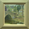 Oil painting of Low Bradfield village in Yorkshire, with a boy by the river bridge and stone cottages, by David Curtis, framed