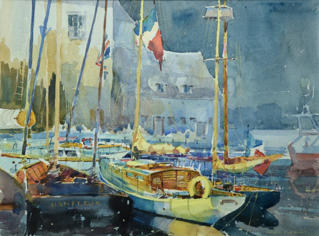 medium-sized watercolour of Honfleur in France, light buildings against the darker sky, several boats with masts in the foreground