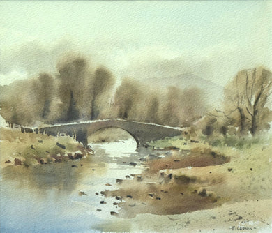 A 10 x 11.5 inch watercolour of a top-lit bridge over a river, with wet-in-wet painted trees behind, blurred into the background , with a faint outline of a mountain in the distance.