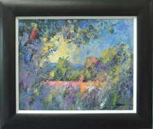 Load image into Gallery viewer, A 16 x 20 inch oil by Alan Oliver, painted with many layers of thicj oil paint, mostly with a palette knife, so the painting is very impressionistic, with lots of thick textures of impast paint, framed in a distressed, light cream frame.
