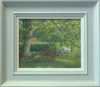8 x 10 inch oil painting of a rider with her grey horse, by a gate near the top of Lyndon, showing the plain grey frame with off-white inner slip.