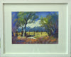 A 10 x 14 inch, very colourful watercolour landscape, with large tree in foreground and old gate to its left, beckoning us to go into the meadow with Freisian cattle in, framed with an ivory mount and off-white frame.