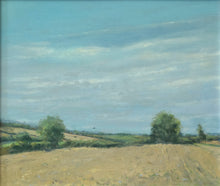 Load image into Gallery viewer, 12 x 14 inch oil painting of a stubble field at Lyndon, with two Oak trees left and right, and a perfect blue sky.
