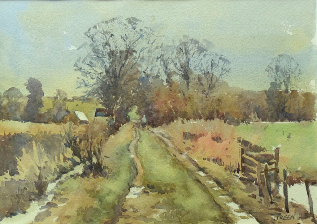 9.75 x 13.75 inch watercolour of a country lane, with puddles, distant trees and fields and large trees in the middle distance and to the right.