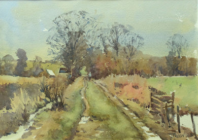 9.75 x 13.75 inch watercolour of a country lane, with puddles, distant trees and fields and large trees in the middle distance and to the right.