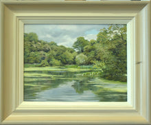 Load image into Gallery viewer, 9 x 12 inch oil, painted on site at Renishaw Lake, with lots of greens abounding, trees all around a still lake. Shows hand-finished frame, with gradated colours from off-white inner to beige/grey outer.
