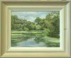9 x 12 inch oil, painted on site at Renishaw Lake, with lots of greens abounding, trees all around a still lake. Shows hand-finished frame, with gradated colours from off-white inner to beige/grey outer.