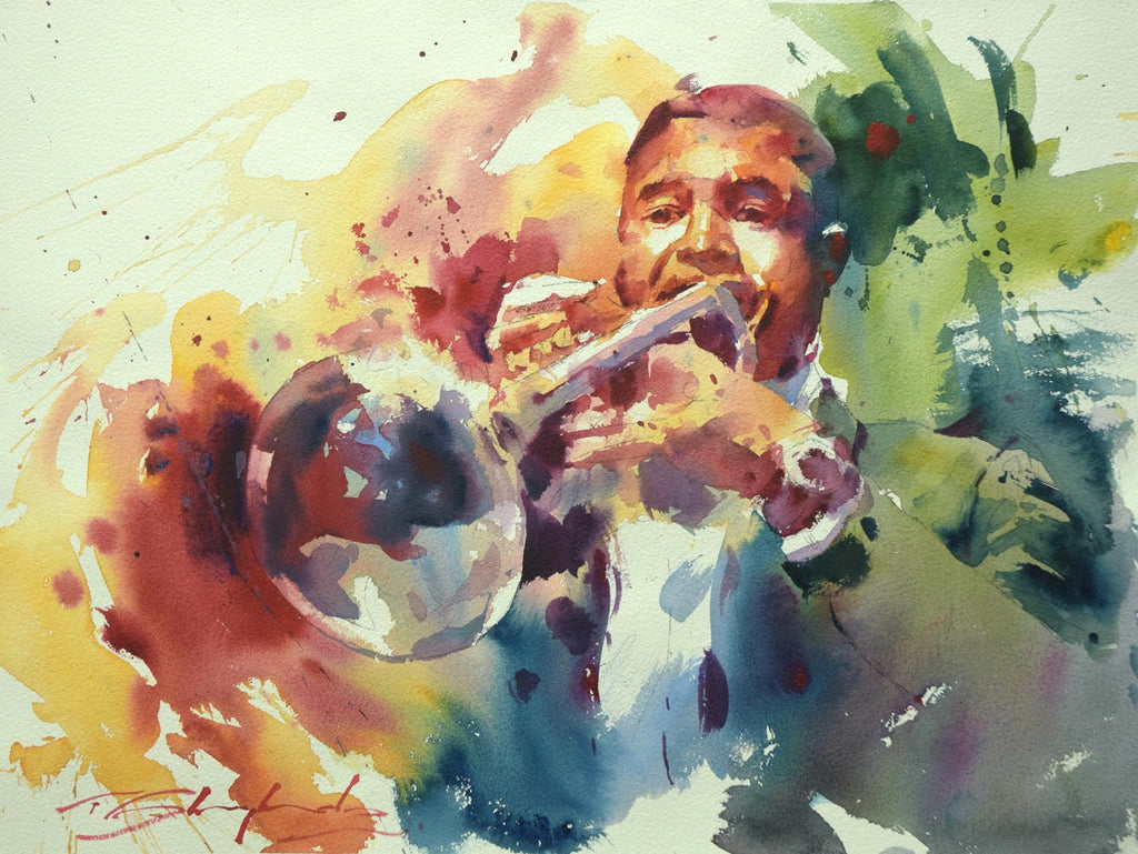 Stunning, large portrait of a trumpeter, with beautifully expressive and colourful, warm anmd cool washes - you can hear the music coming out of the paper!  