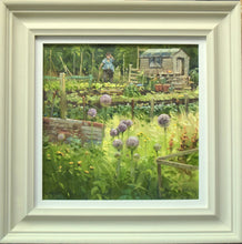 Load image into Gallery viewer, 14.25 x 14.25 ins oil painting on canvas, with large purple aliums in full flower in the foreground, with the allotment owner looking at them standing by his shed at the top of the picture. Photo shows the stone-coloured frame with white inner slip.
