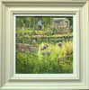 14.25 x 14.25 ins oil painting on canvas, with large purple aliums in full flower in the foreground, with the allotment owner looking at them standing by his shed at the top of the picture. Photo shows the stone-coloured frame with white inner slip.