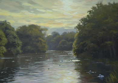 Oil landscape of the lake at Clumber Park, painted on site looking straight into the sun, so distant and foreground trees are dark and silhouetted against the bright sky