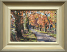 Load image into Gallery viewer, 6.25 x 9.25 inch oil of Oak trees by the road from Wing to Lyndon in full Autumn garb, with heavily textured oil paint, used with a palette knife. Shows pale frame, coloured off-white inner slip to greyish outer frame.
