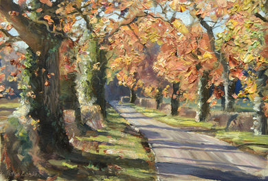 6.25 x 9.25 inch oil of Oak trees by the road from Wing to Lyndon in full Autumn garb, with heavily textured oil paint, used with a palette knife.